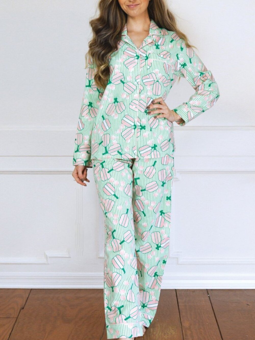 8 Oak Lane Pickleball Long Pajama Set 100% Cotton Loungewear Green - Medium